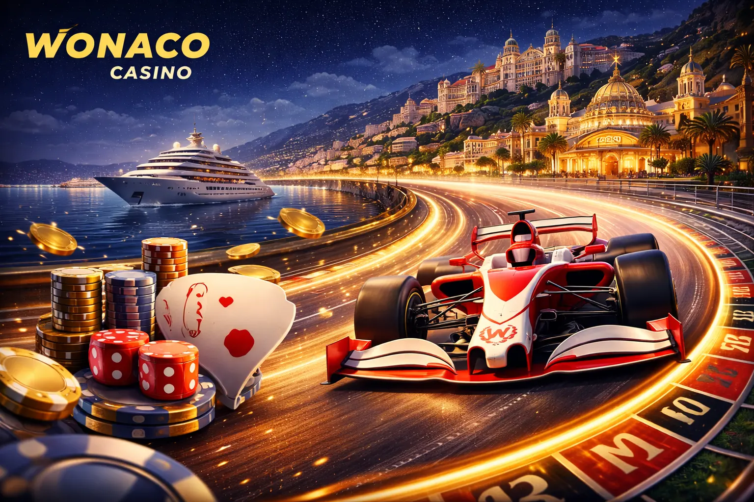 Wonaco Casino prémium promóciós vizuál — luxus életstílus és nagy nyeremények